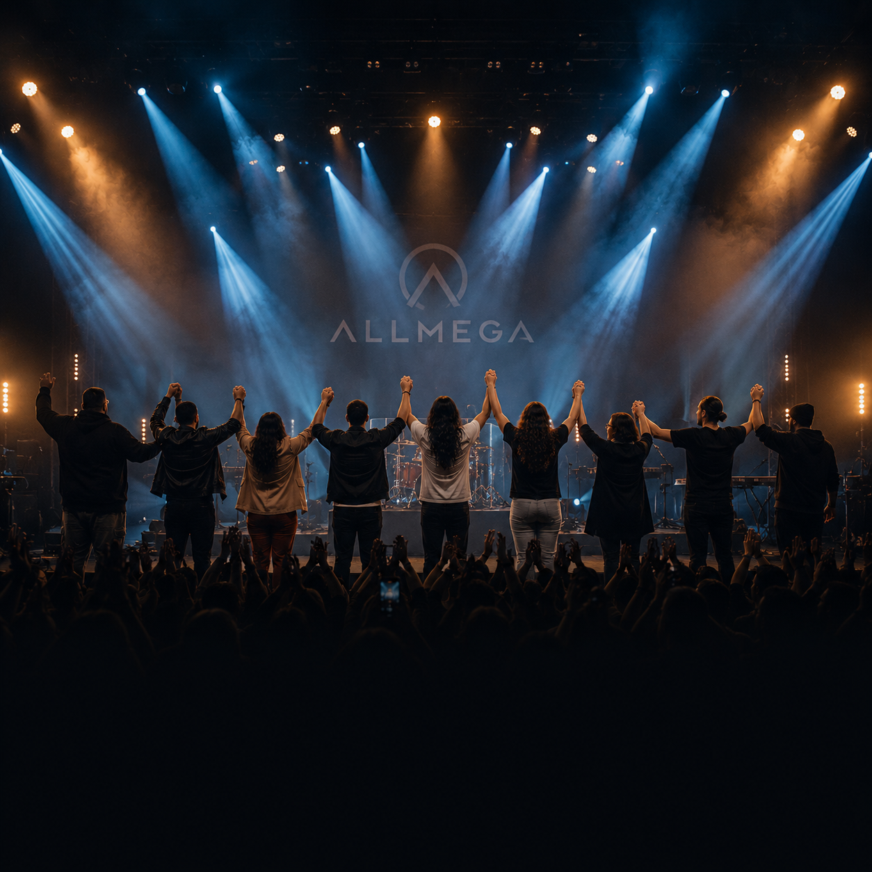 Banda ALLMEGA de mãos dadas no palco diante do público
