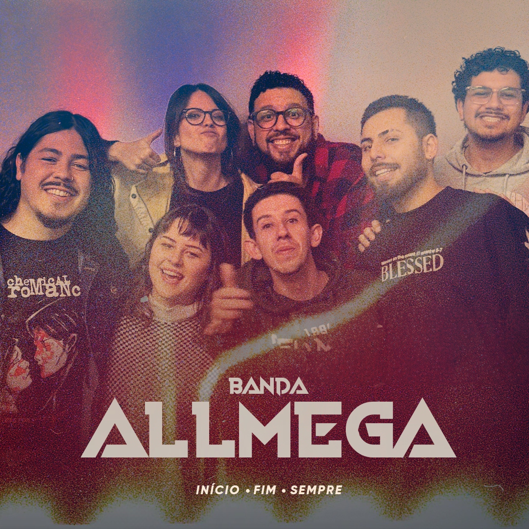 Integrantes da ALLMEGA sorrindo em arte de divulgação