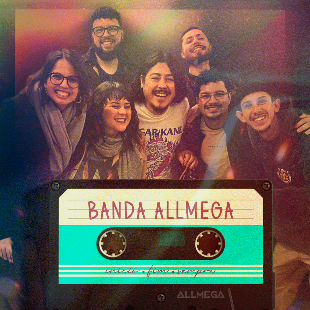 Banda ALLMEGA reunida em arte de divulgação com fita cassete